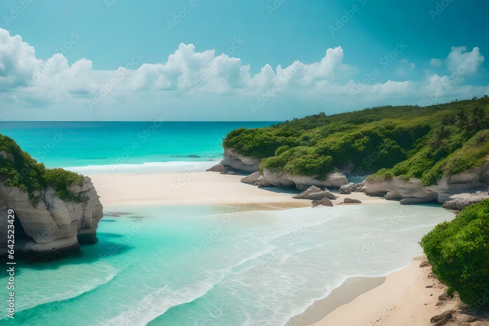 A peaceful beach with turquoise water and white sand