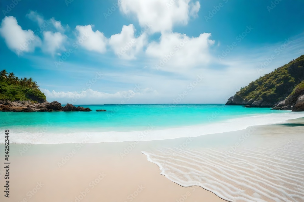 A peaceful beach with turquoise water and white sand