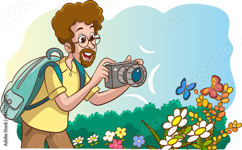 vector Illustration of a Man Taking a Picture of Flowers with a Camera