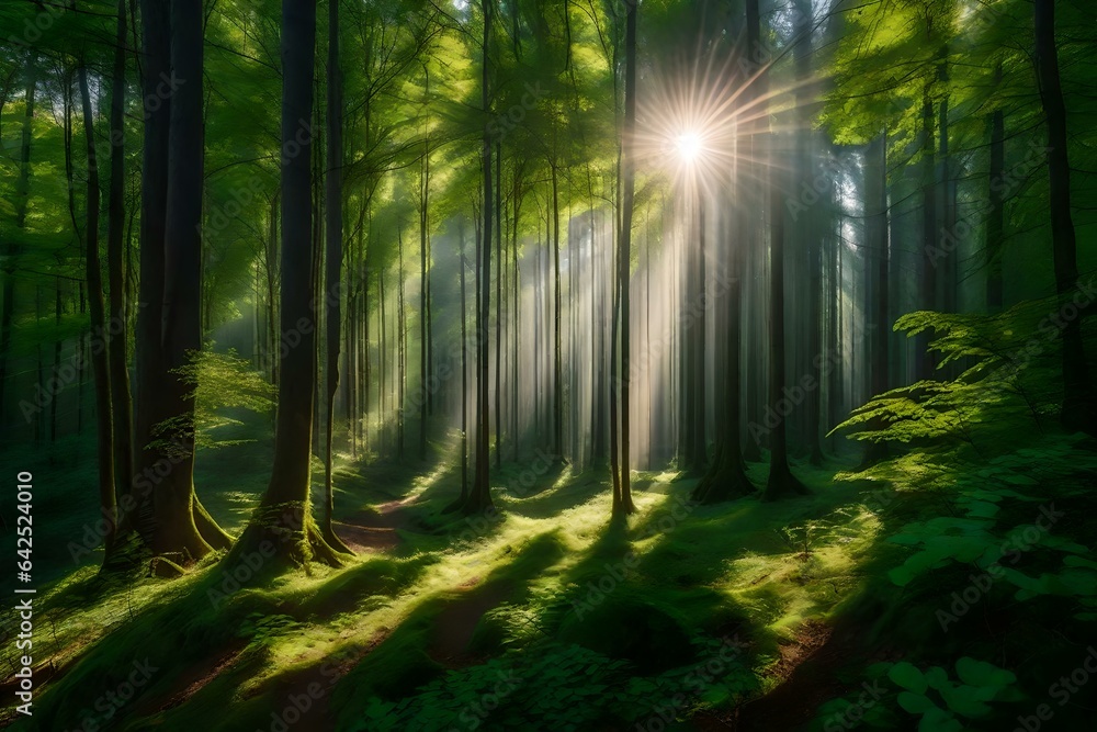 Fototapeta premium A picturesque forest scene with rays of sunlight filtering through the trees, illuminating the lush greenery