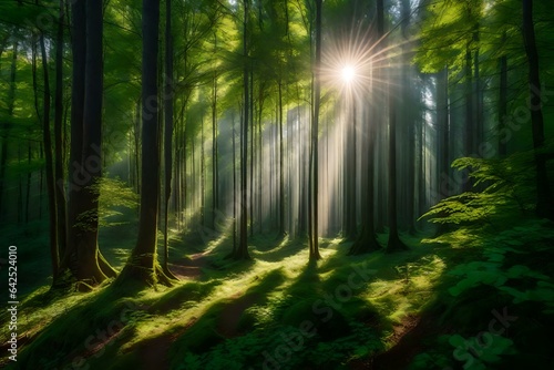 A picturesque forest scene with rays of sunlight filtering through the trees, illuminating the lush greenery
