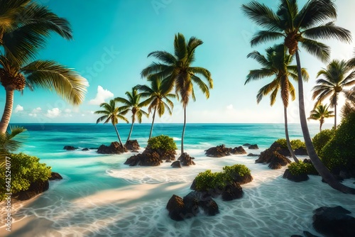 A picturesque setting with palm trees swaying in the sea breeze © Muhammad