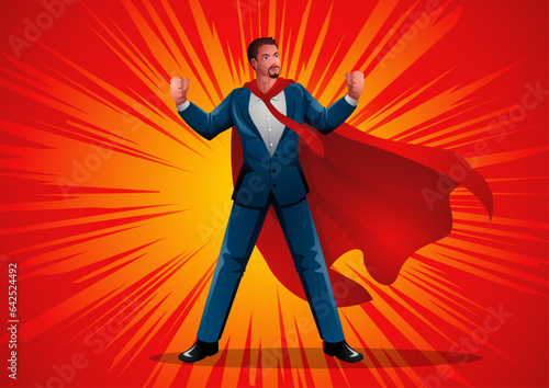 Illustration of a businessman posing as a superhero, exuding confidence and leadership. Symbolising professional excellence, ambition, innovation, and the power of ambition in the corporate world