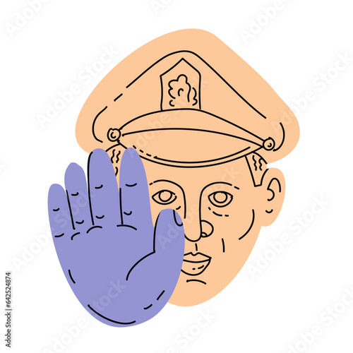 Abstract Mono line illustration of policeman showing hand stop signal front view done in monoline line drawing art style.