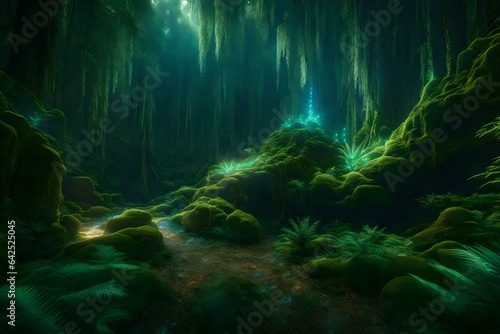 A rendered image of an ancient mystical forest with glowing crystals and mythical creatures