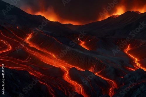 A rendered image of a volcanic valley with molten lava flowing like rivers