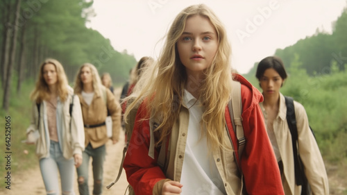 young adult woman, blonde, caucasian, hiking with friends in group, all looking worried, lost or disoriented and lost, scared and afraid and exhausted, tired and hungry