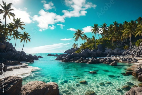 A rocky coastal landscape into a tranquil beach scene with palm trees and crystal-clear water
