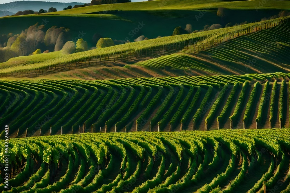 A rolling vineyard hills with neat rows of grapevines and charming farmhouses