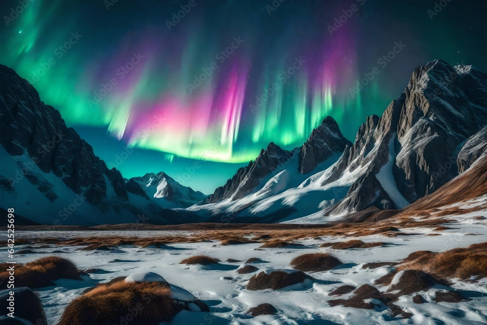 A rugged mountain range into a dreamlike scene with colorful aurora borealis dancing in the sky