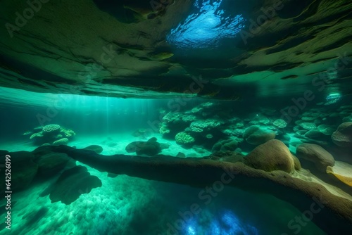 A secret grotto with an underground pool of transparent water and bioluminescent fish