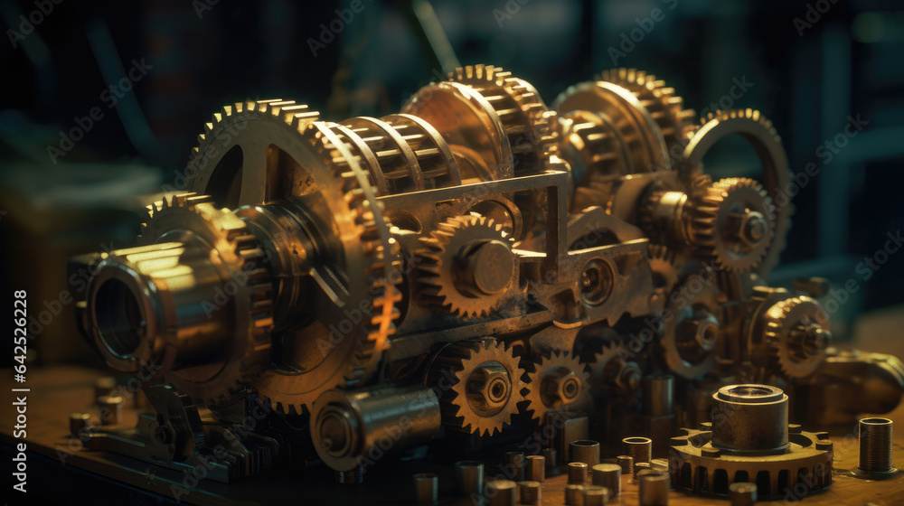 Fototapeta premium Machine mechanism complexe. Mechanical engine gears cogs robot manufacturing, steampunk pattern science factory funnel steam energy process, vector illustration of engine machinery mechanical.