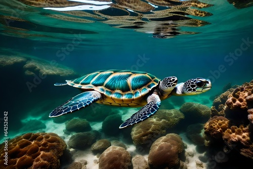 A secluded lagoon with transparent water and a solitary sea turtle gliding by