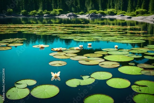 A serene lake into a mesmerizing scene with levitating lily pads and reflective butterflies © Muhammad