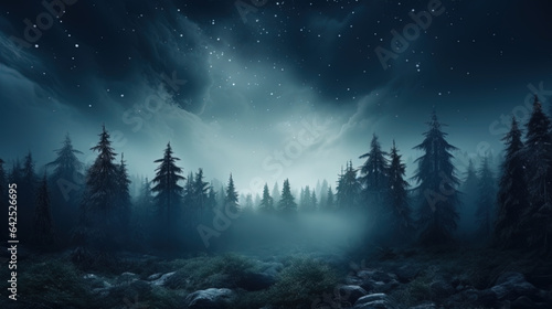 Mystical foggy forest with pine trees under night sky and stars. Generative AI.