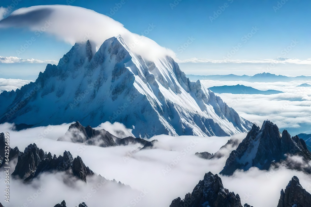A serene mountain peak into a floating island in a sea of clouds