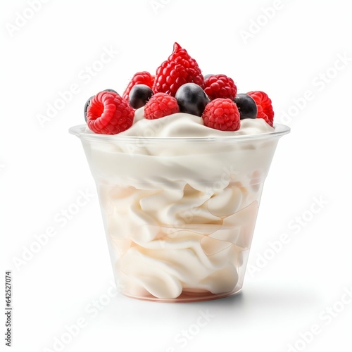 Whipped Cream Dessert with Berries in Plastic Transparent Cup Isolated on White. Generative ai