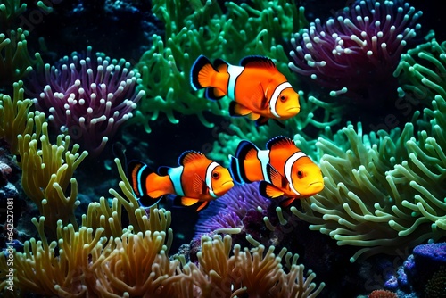 A shallow reef with transparent water and vibrant clownfish darting among the anemones