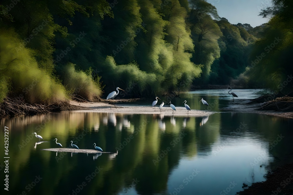 A shallow river with transparent water and a group of herons hunting for fish - obrazy, fototapety, plakaty 