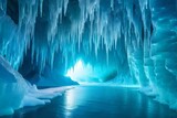 A surreal ice cave with sparkling ice formations and otherworldly beauty