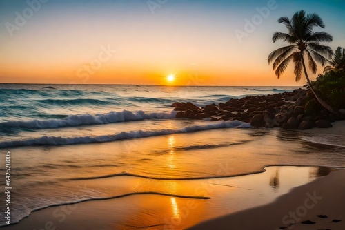 A stunning sunset over a serene beach with palm trees and gentle waves lapping the shore