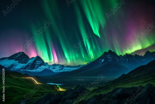 A surreal scene of a neon aurora borealis illuminating an alien mountain range
