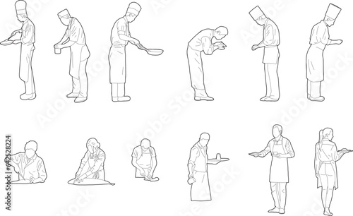 Line Drawing CAD for cooking people and waiters in kitchen and restaurants