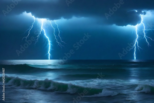 A thunderstorm over the ocean with lightning illuminating the sky