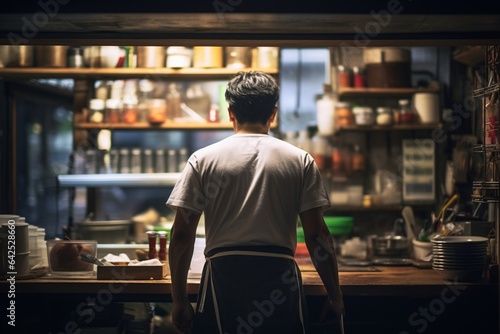 Man's back in a Kitchen Working