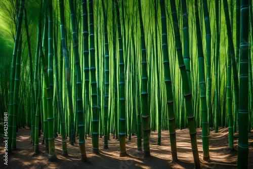 A tranquil bamboo grove with tall bamboo shoots swaying in the breeze