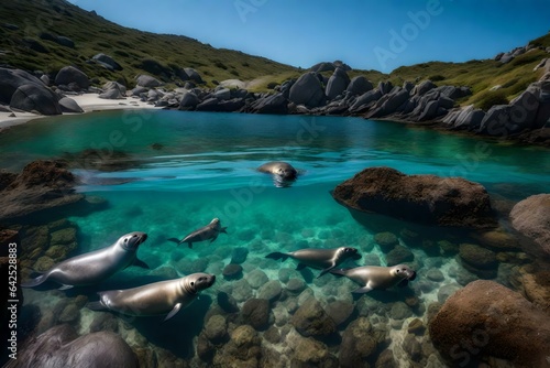 A tranquil cove with transparent water and a family of seals resting on the rocks