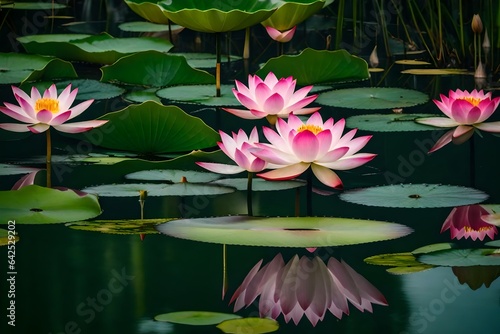 A tranquil lotus pond with delicate lotus flowers floating on the surface
