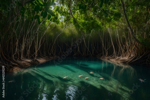 A tranquil mangrove swamp with transparent water and crabs scuttling along the banks