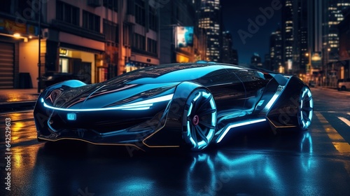 The futuristic car at night in the middle of the street, a futuristic background. Created using generative artificial intelligence technology.