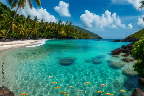 A tropical beach with transparent water and colorful fish near the shore