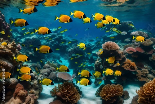 A tropical reef with transparent water and a school of vibrant angelfish