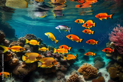 A tropical reef with transparent water and a variety of colorful fish species