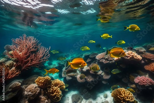 A vibrant coral reef with transparent water and a variety of fish species.