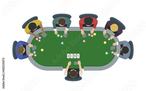 People playing poker game on the table top view. Dealer and six players play gambling with cards and chips. Vector illustration concept. Flat design. For printing, web, banners, posters, infographics.