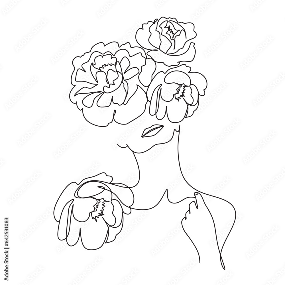 Woman face with flowers. One line vector drawing. Portrait minimalistic style. Woman face with flowers. One line vector drawing. Portrait minimalistic style.