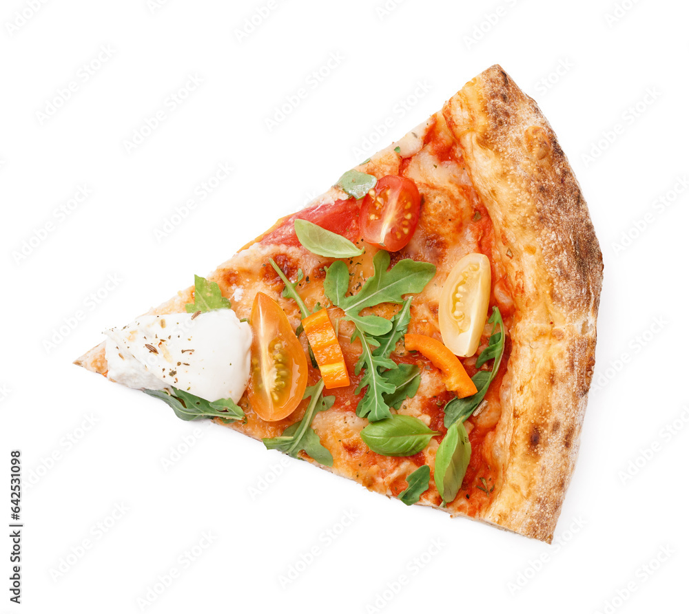 Slice of tasty pizza with Burrata cheese on white background