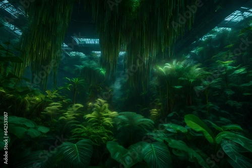 An artistic representation of a biotech rainforest with living plant structures and bio-luminescent animals