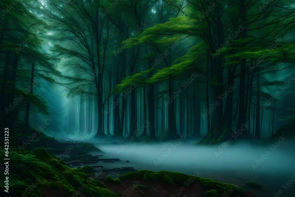 An artistic representation of a dense mist enveloping an ancient forest with towering trees