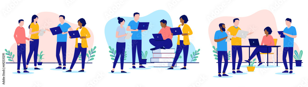 Office people working collection - Set of vector illustration with casual businesspeople talking and discussing with computers in hand. Flat design with white background