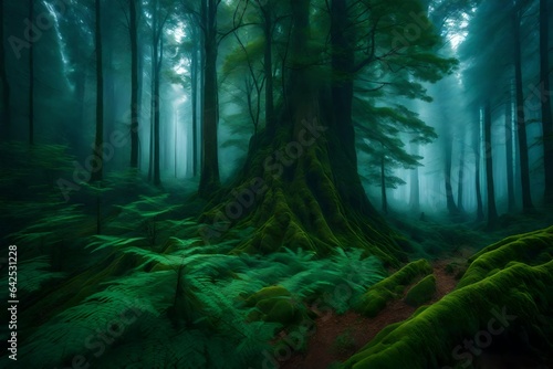 An artistic representation of a dense mist enveloping an ancient forest with towering trees