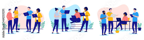 Office people working collection - Set of vector illustration with casual businesspeople talking and discussing with computers in hand. Flat design with white background