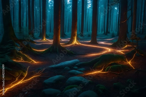 An enchanting lightning forest, where vibrant electric currents illuminate multiple paths, each leading to a different area of natural beauty