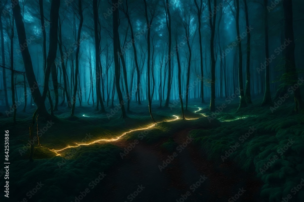An ethereal lightning forest, illuminated by streaks of lightning that create mesmerizing paths for walking