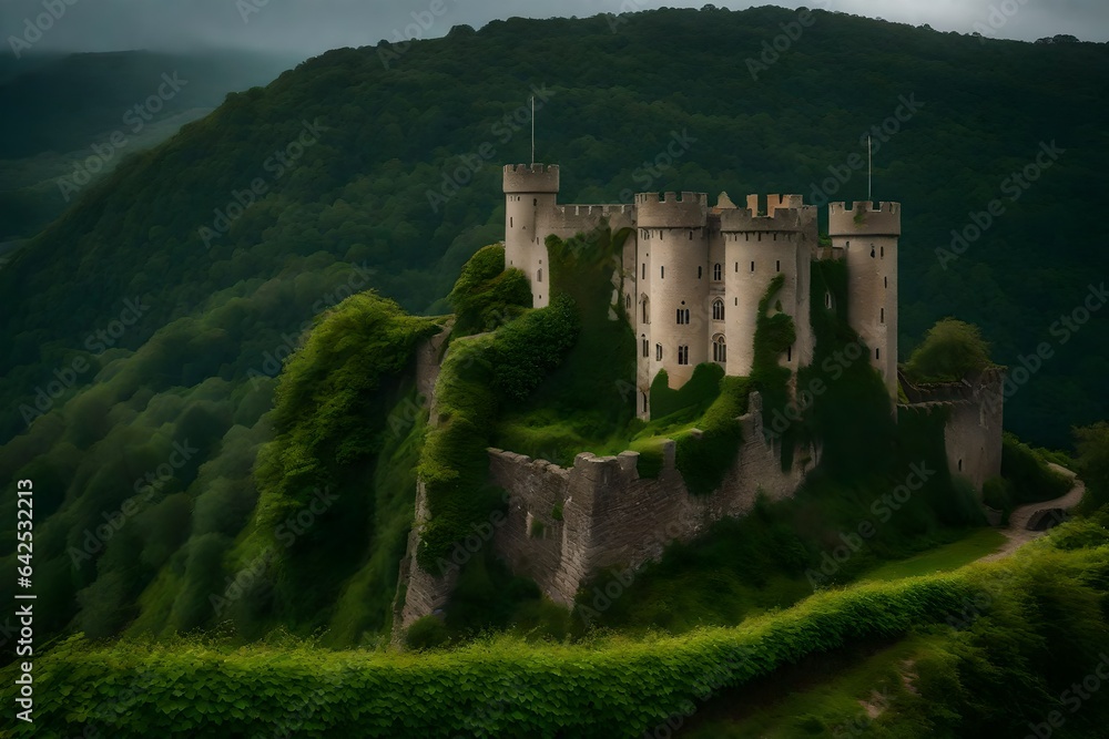 In the midst of a cloudy day, a sprawling antique castle stands with an air of faded grandeur. AI Generative