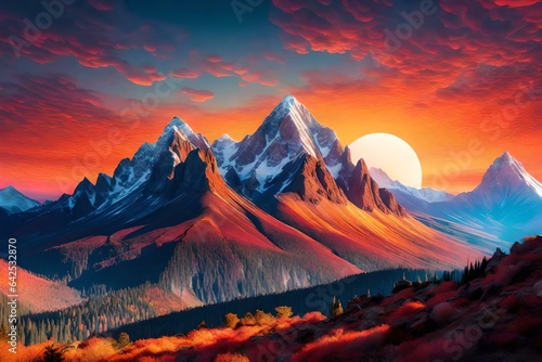 Artwork that depicts a serene sunrise over a rugged mountain peak. The sky is adorned with a symphony of colors